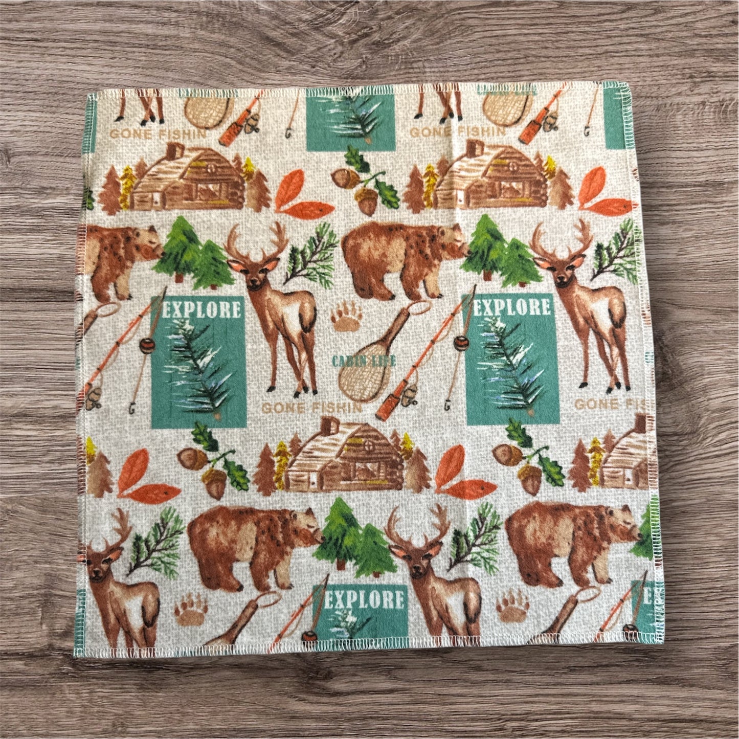 Rustic outdoors print with bears, deer, cabins, pine trees, and adventure-inspired. 6-Pack Reusable Paper Towels – 12” x 12”