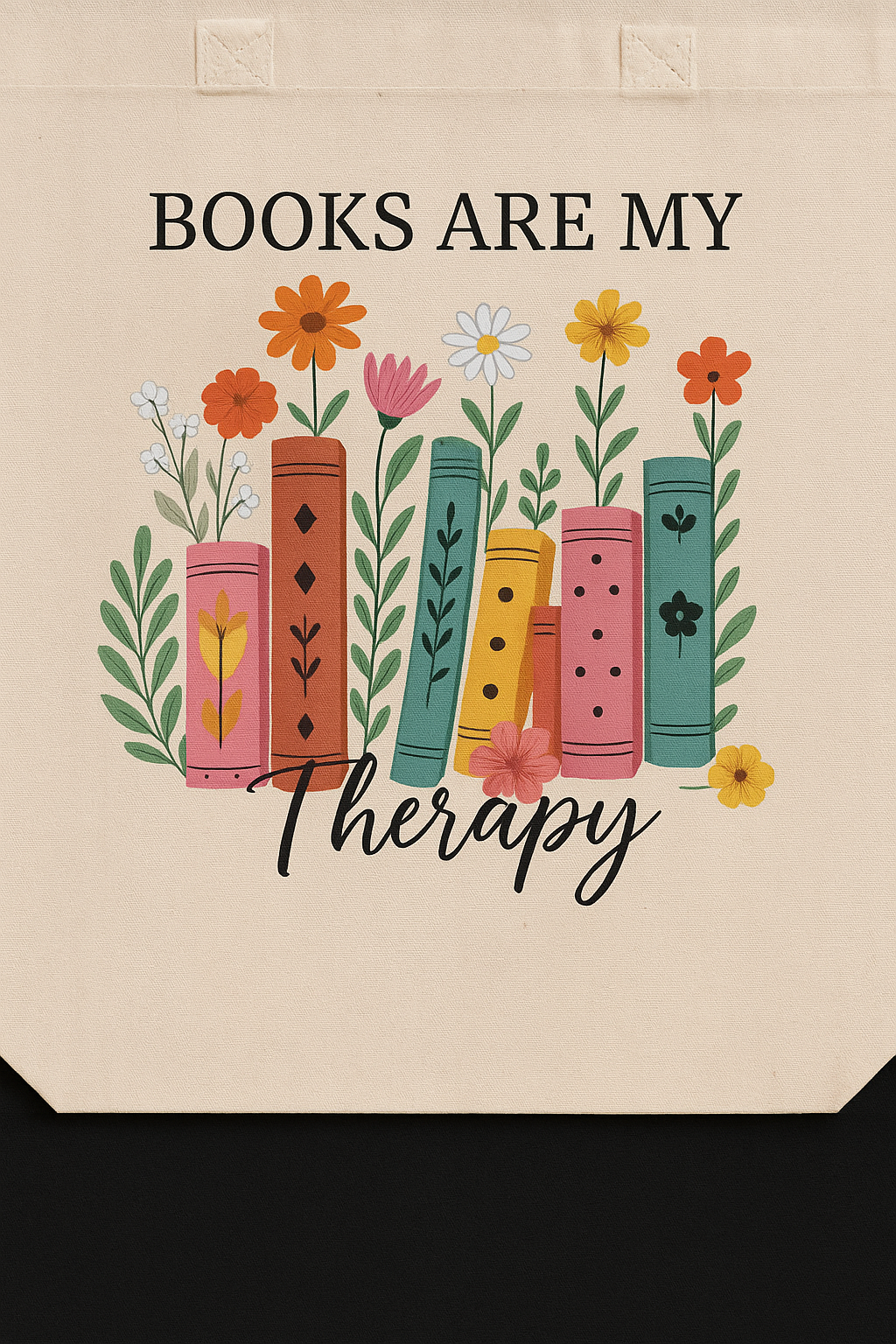 “Books Are My Therapy” Canvas Tote Bag – Floral Book Lover’s Tote