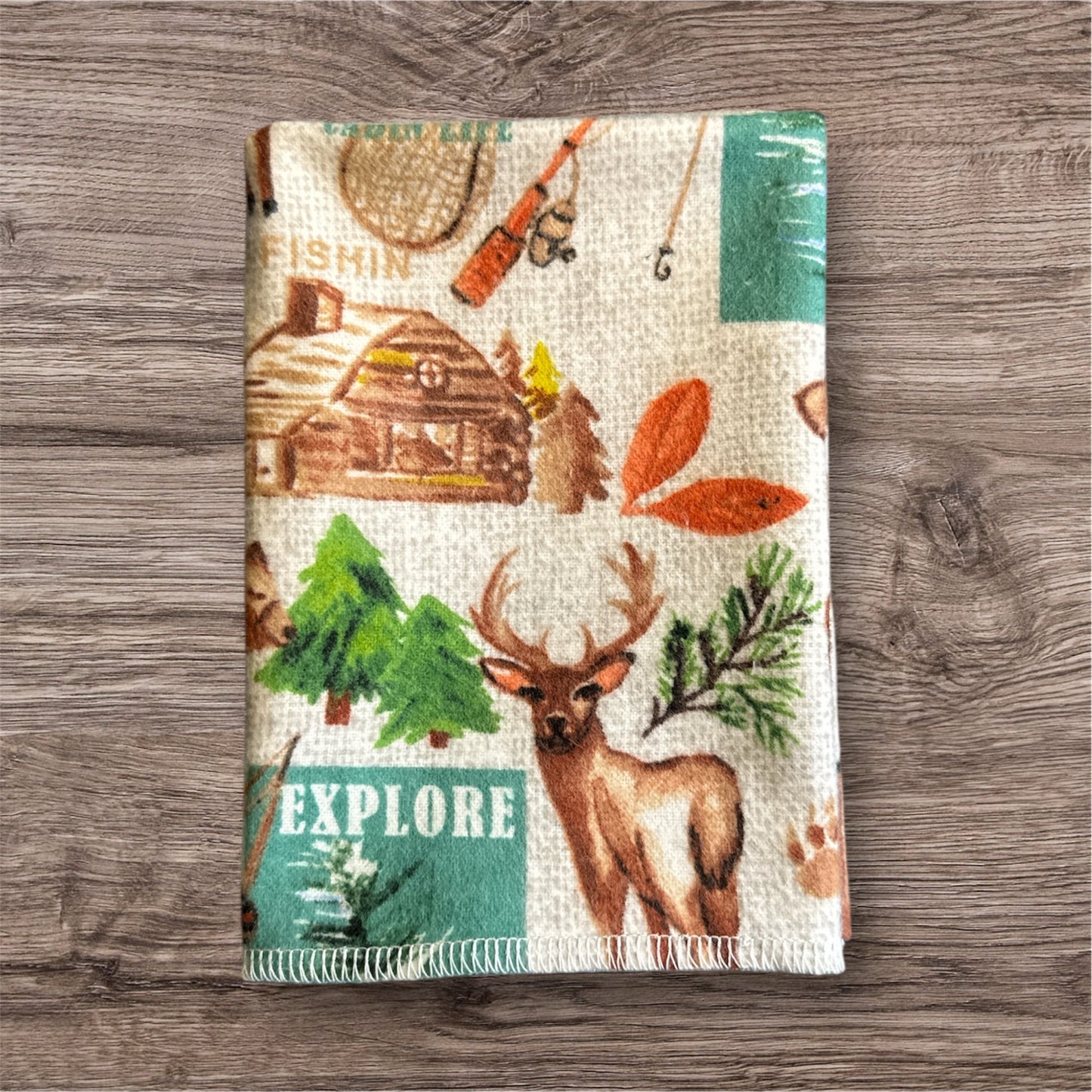 Rustic outdoors print with bears, deer, cabins, pine trees, and adventure-inspired. 6-Pack Reusable Paper Towels – 12” x 12”