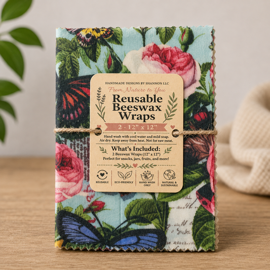Butterfly Garden Reusable Beeswax Wraps – 2 Pack, 12” x 12”