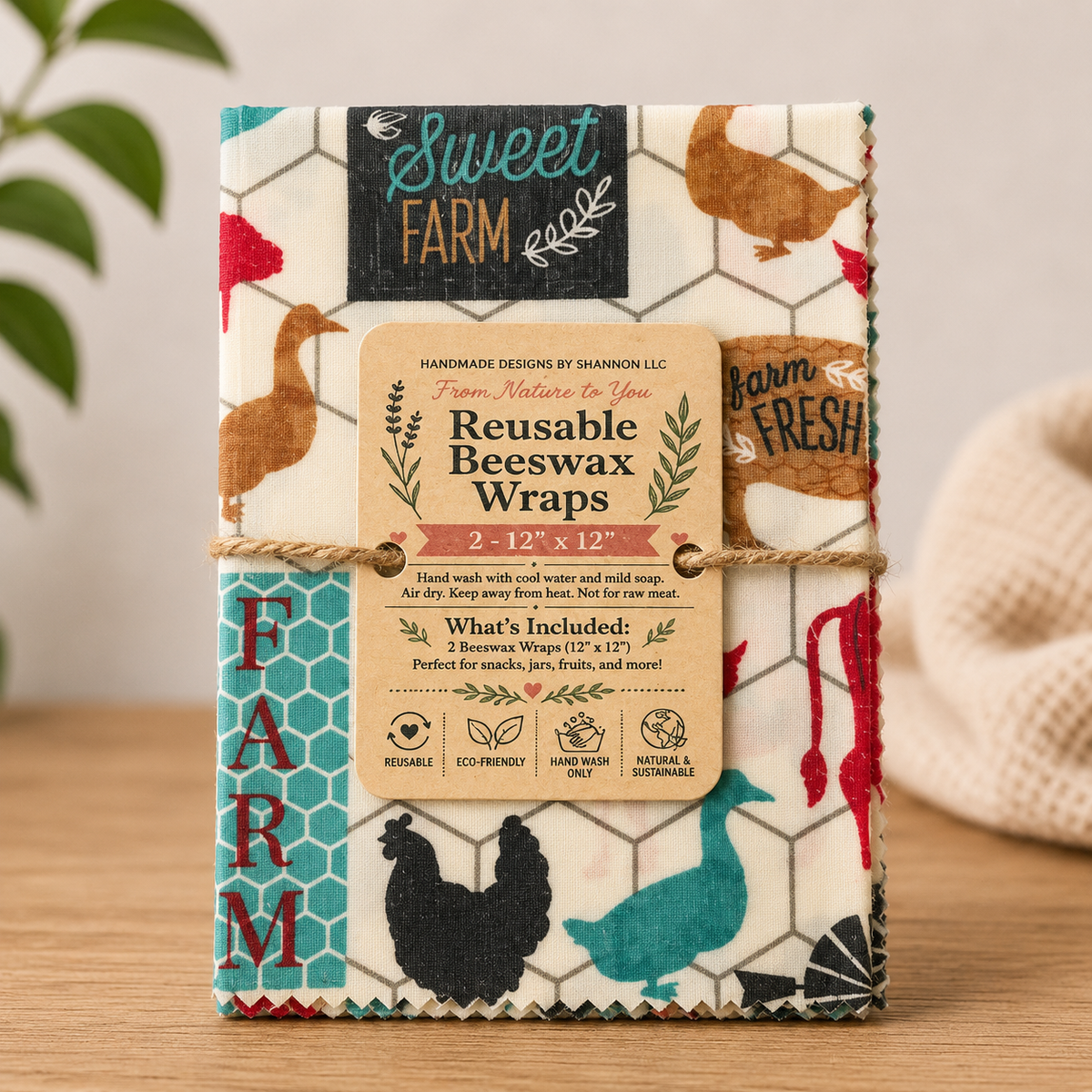 Farm Fresh Country Reusable Beeswax Wraps – 2 Pack, 12” x 12”