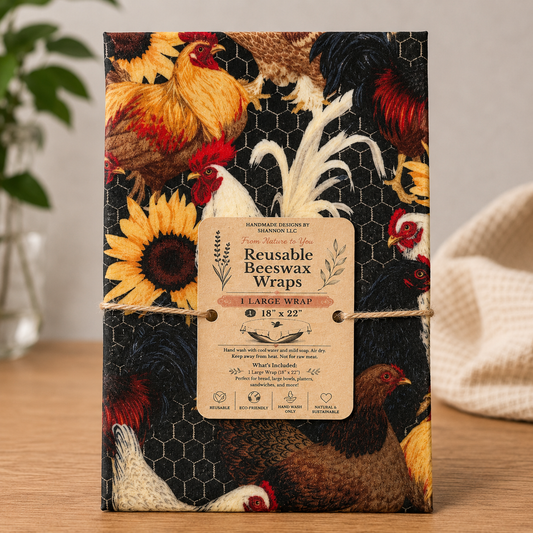 Farmhouse Chickens & Sunflowers Reusable Beeswax Bread Wrap – 18” x 22”