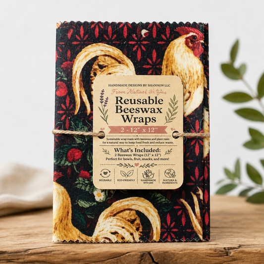 Farmhouse Chickens & Sunflowers Reusable Beeswax Wraps – 2 Pack, 12” x 12”