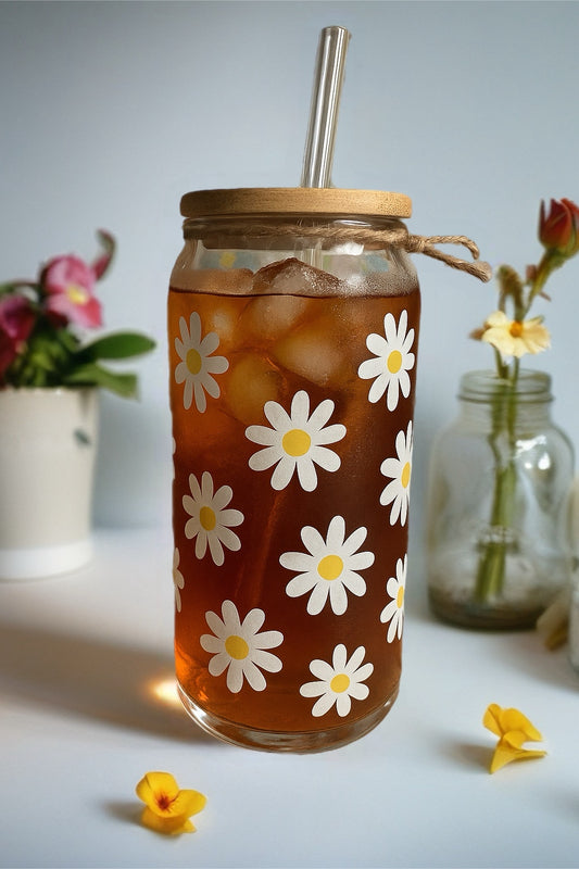Daisy Glass Can Tumbler – 20oz with Bamboo Lid & Reusable Straw