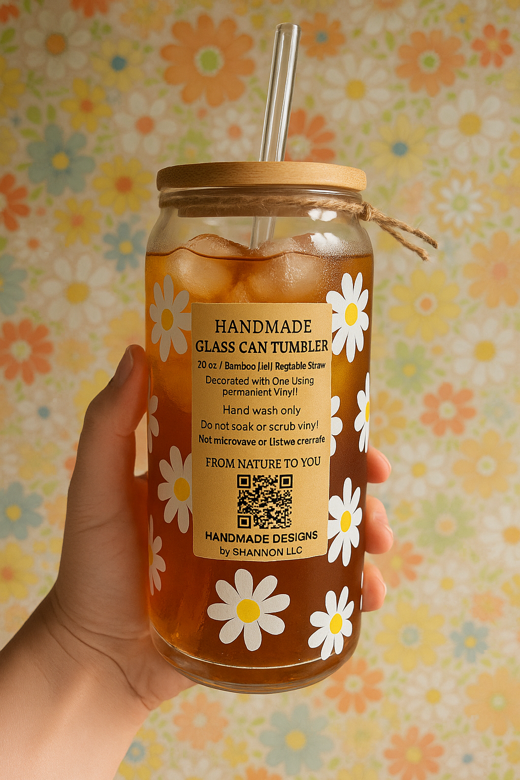 Daisy Glass Can Tumbler – 20oz with Bamboo Lid & Reusable Straw