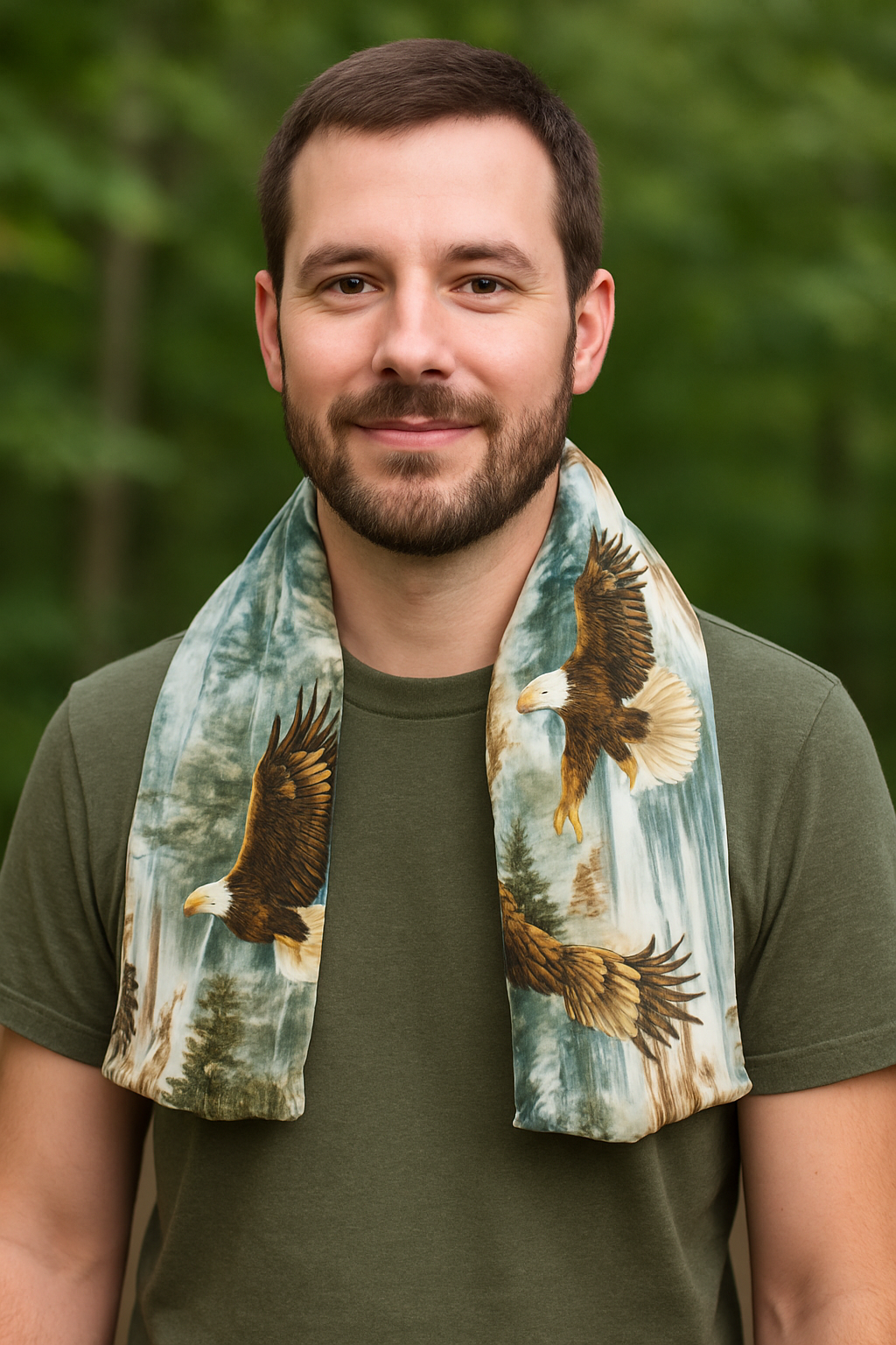 Microwavable Neck Wrap – Bald Eagle Forest Print | Flaxseed & Rice Filled