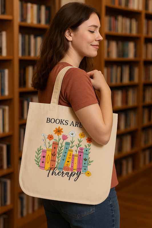 “Books Are My Therapy” Canvas Tote Bag – Floral Book Lover’s Tote