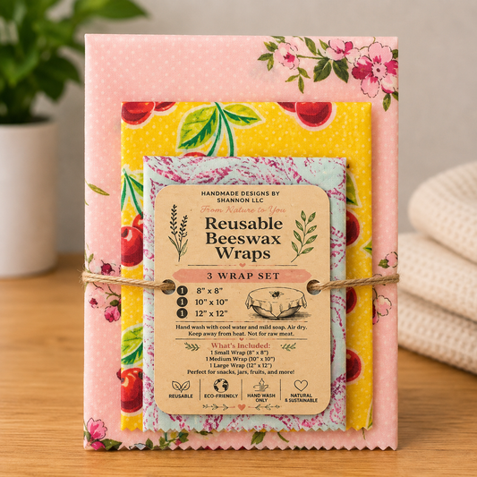 Pink Floral & Cherry Reusable Beeswax Wraps – 3-Piece Set