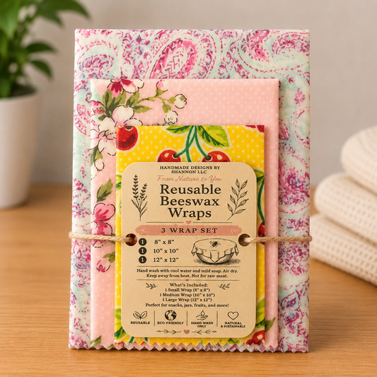 Pink Floral & Cherry Reusable Beeswax Wraps – 3-Piece Set