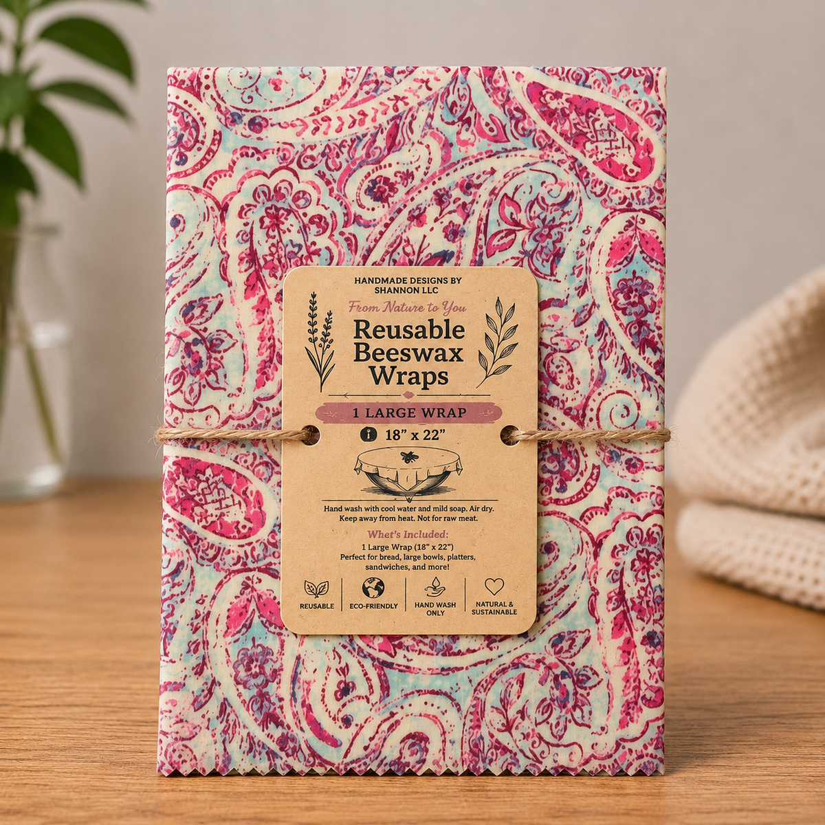 Pink Paisley Reusable Beeswax Bread Wrap – 18" x 22"