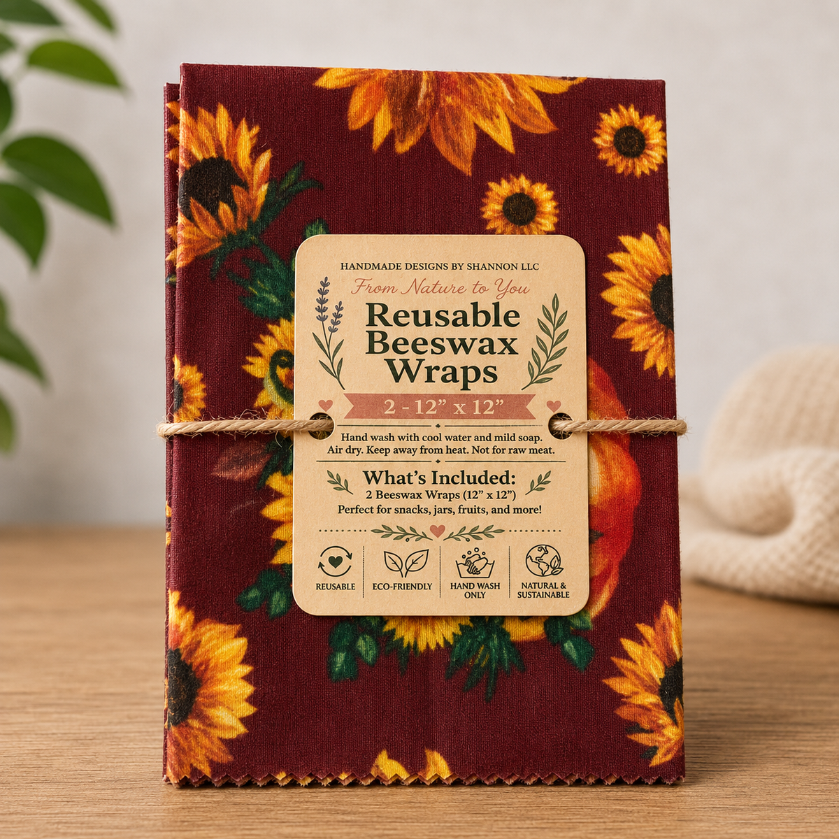 Rustic Sunflower Reusable Beeswax Wraps – 2 Pack, 12” x 12”