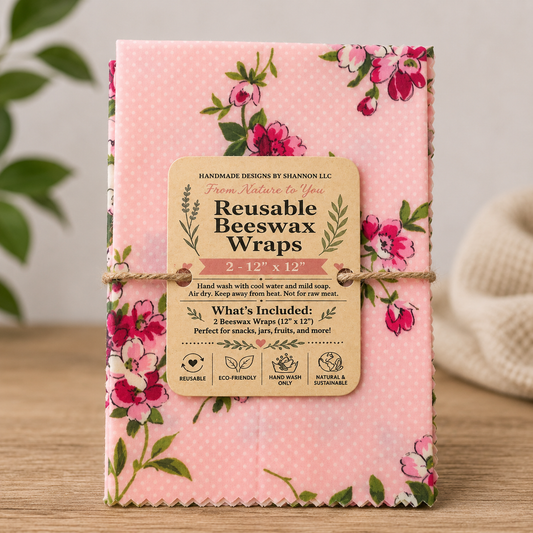 Sweet Pink Floral Reusable Beeswax Wraps – 2 Pack, 12” x 12”