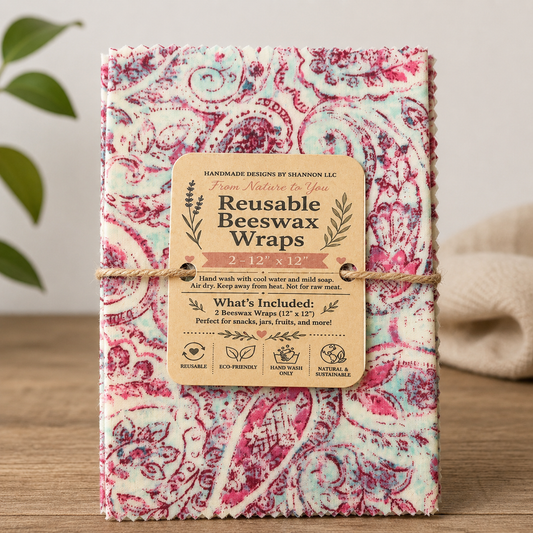 Vintage Pink Paisley Reusable Beeswax Wraps – 2 Pack, 12” x 12”