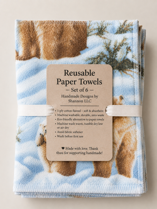 Polar Bear Reusable Paper Towels – Winter Flannel Unpaper Towels – Set of 6