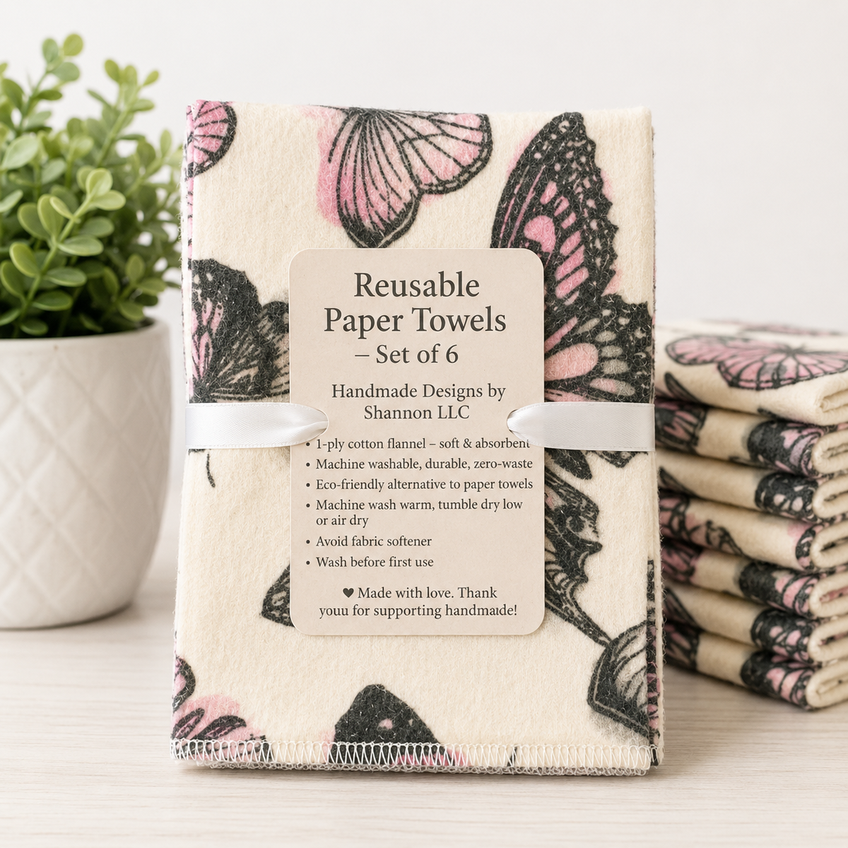 Pink Butterfly Reusable Paper Towels – Set of 6 | Washable Cotton Flannel Kitchen Towels