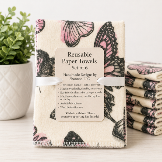 Pink Butterfly Reusable Paper Towels – Set of 6 | Washable Cotton Flannel Kitchen Towels