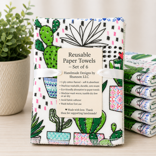 Cactus Reusable Paper Towels – Set of 6 | Washable Cotton Flannel Kitchen Towels