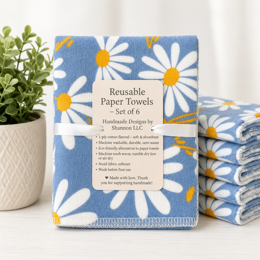 Blue Daisy Reusable Paper Towels – Set of 6 | Washable Cotton Flannel Kitchen Towels