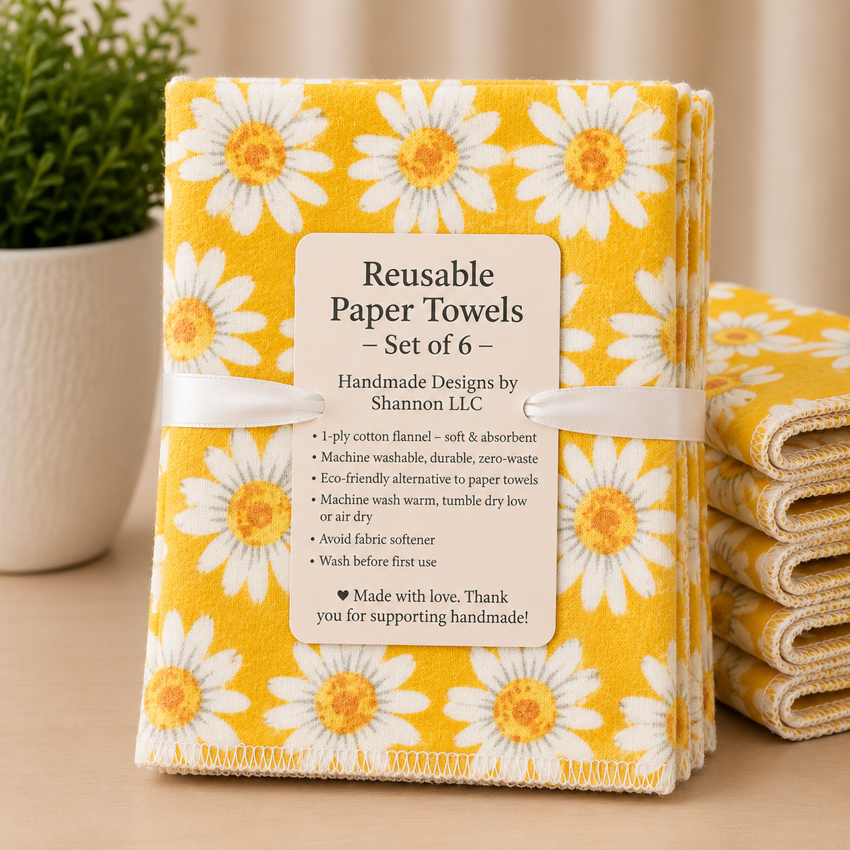 Sunny Daisy Reusable Paper Towels – Mustard Yellow Floral – Set of 6