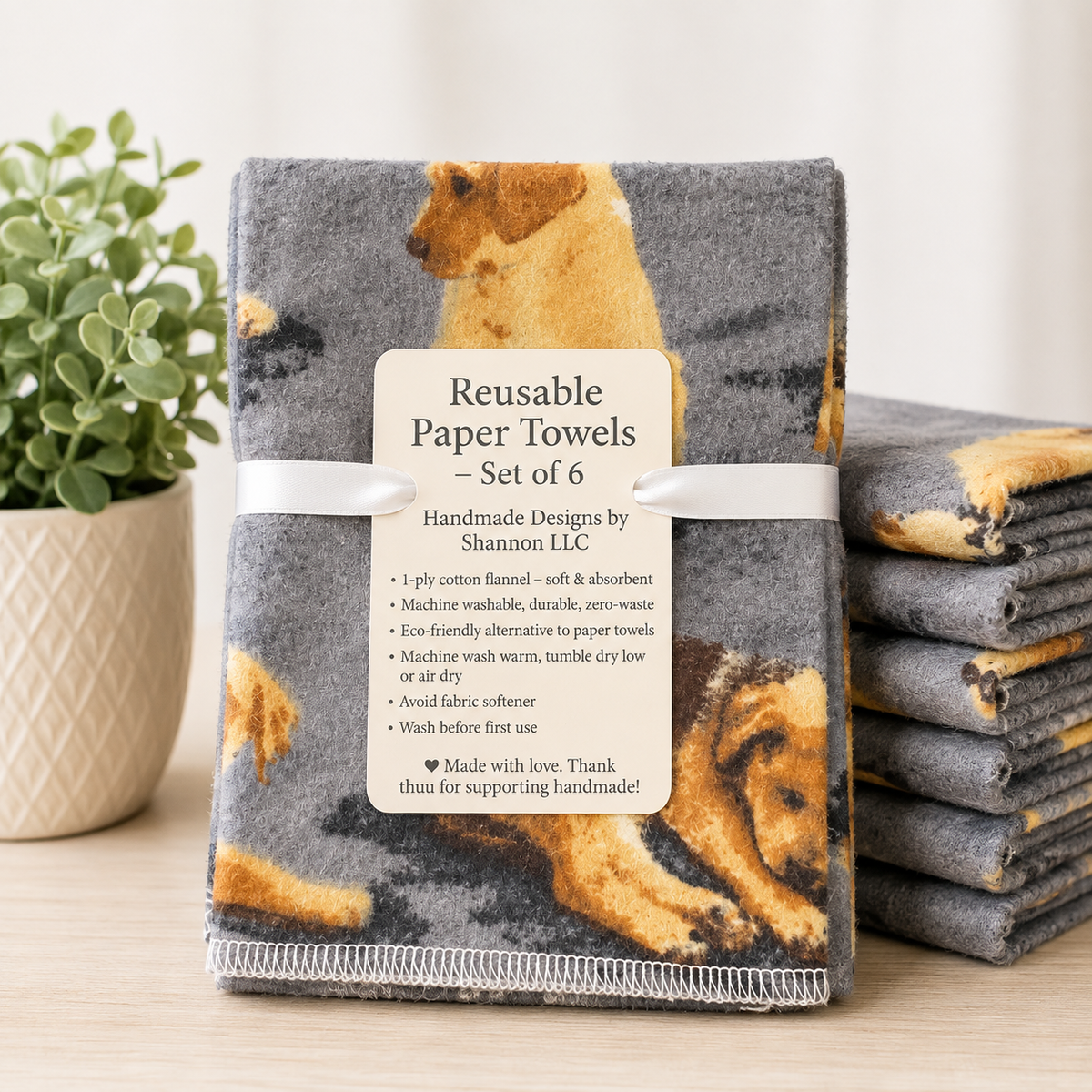 Dog Lover Reusable Paper Towels – Set of 6 | Washable Cotton Flannel Kitchen Towels