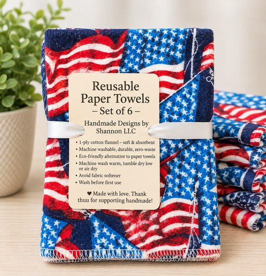 American Flag Reusable Paper Towels – Set of 6 | Washable Cotton Flannel Kitchen Towels
