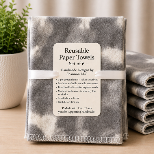 Gray Watercolor Reusable Paper Towels – Set of 6 | Handmade Cotton Flannel | Washable Eco-Friendly Towels