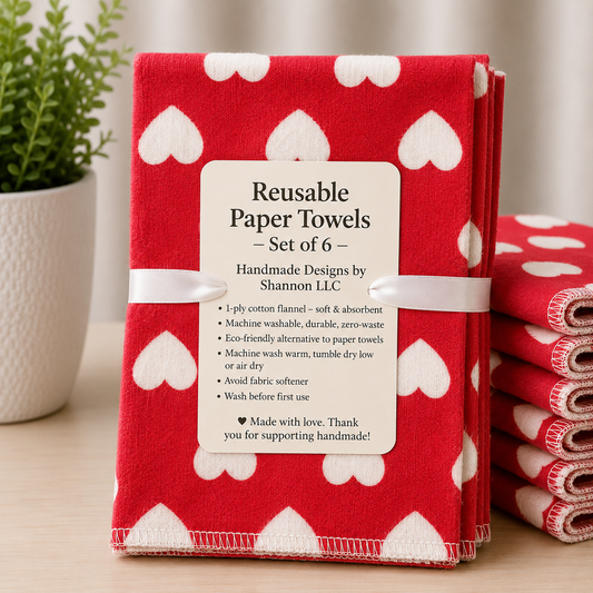 Red & White Hearts Reusable Paper Towels – Set of 6 | Handmade Cotton Flannel | Washable Eco-Friendly Towels