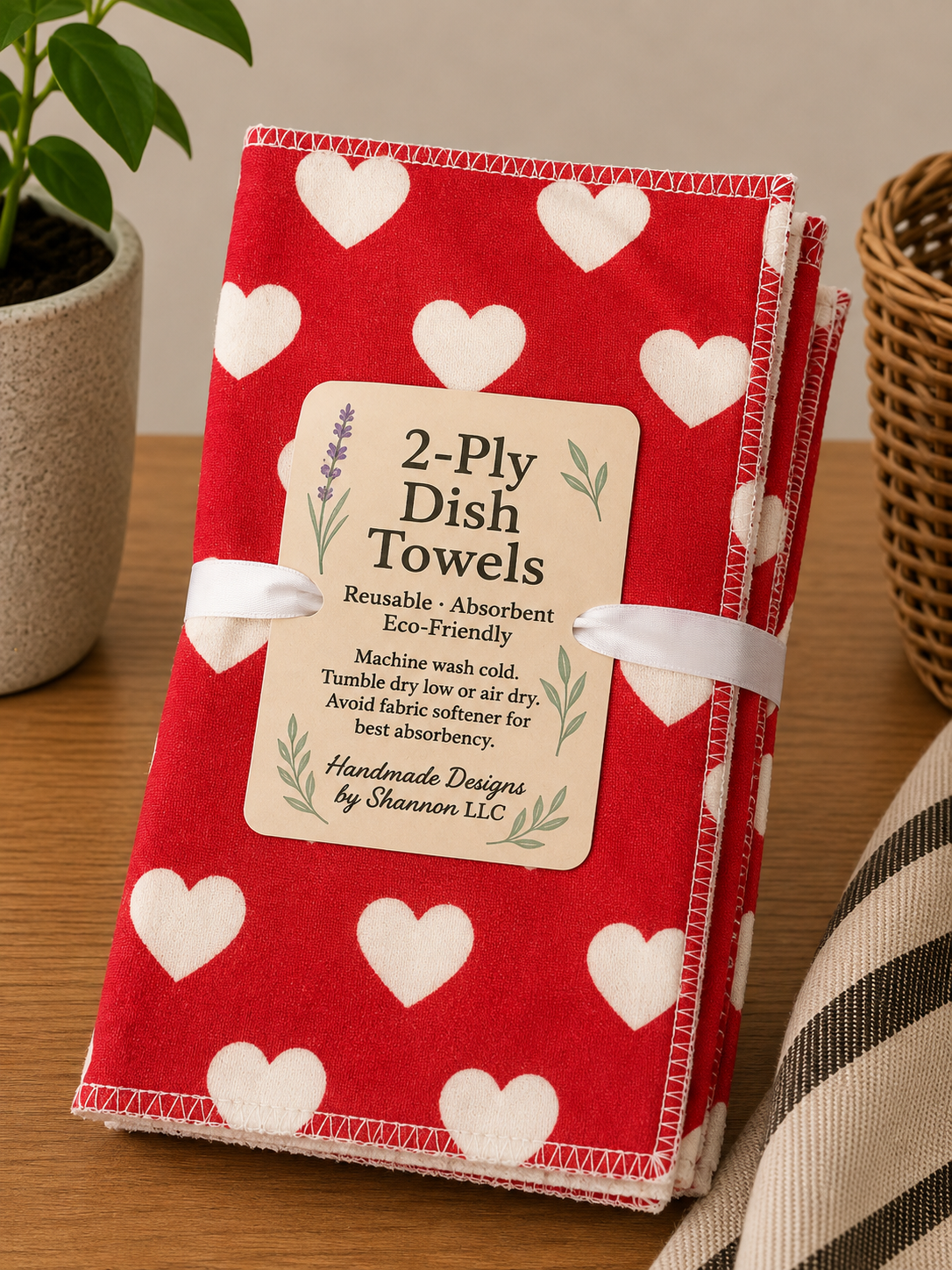 Red & White Hearts 2-Ply Reusable Dish Towels