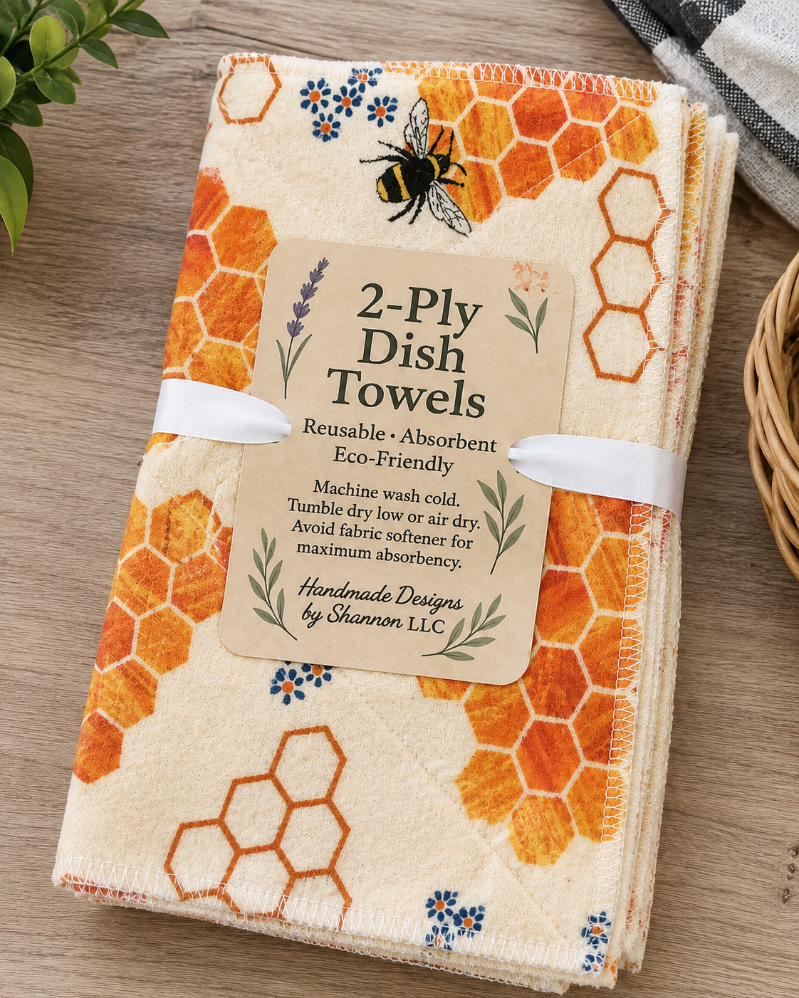 Honey Bee & Honeycomb 2-Ply Reusable Dish Towels