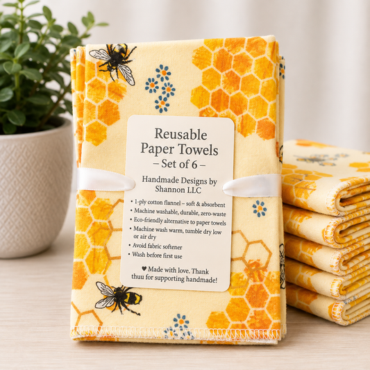 Honey Bee Reusable Paper Towels – Set of 6 | Washable Cotton Flannel Kitchen Towels