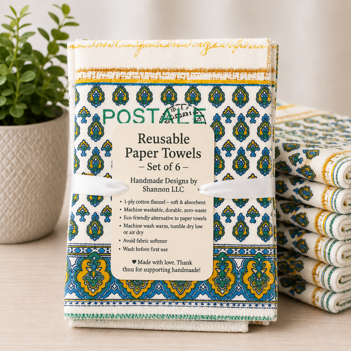 Vintage Postage Reusable Paper Towels – Set of 6 | Washable Cotton Flannel Kitchen Towels