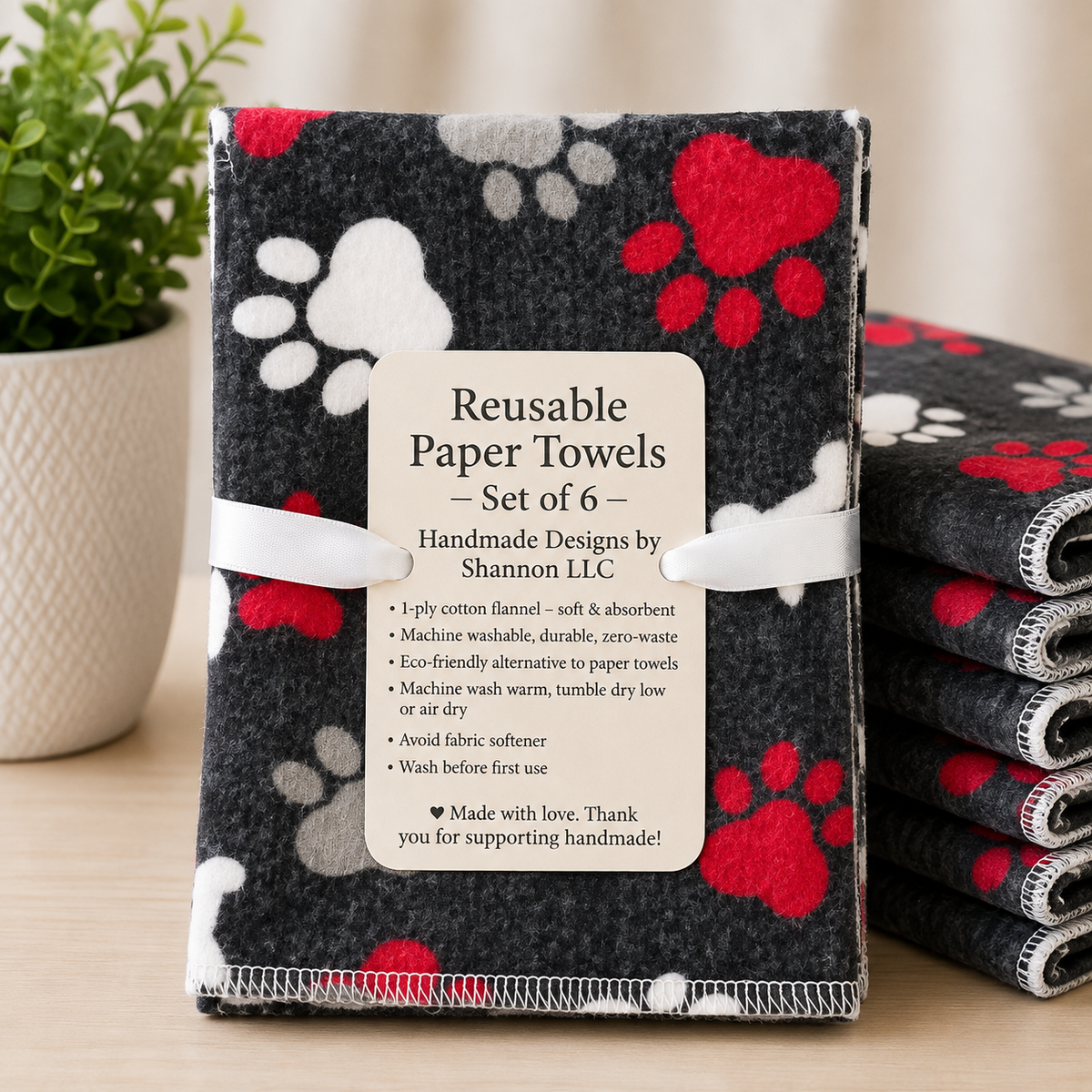 Paw Prints & Bones Reusable Paper Towels – Set of 6 | Handmade Cotton Flannel