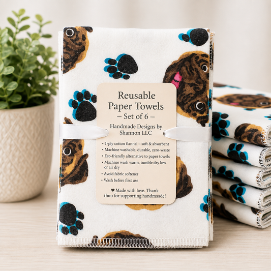 Pug & Paw Print Reusable Paper Towels – Set of 6 | Washable Cotton Flannel Kitchen Towels