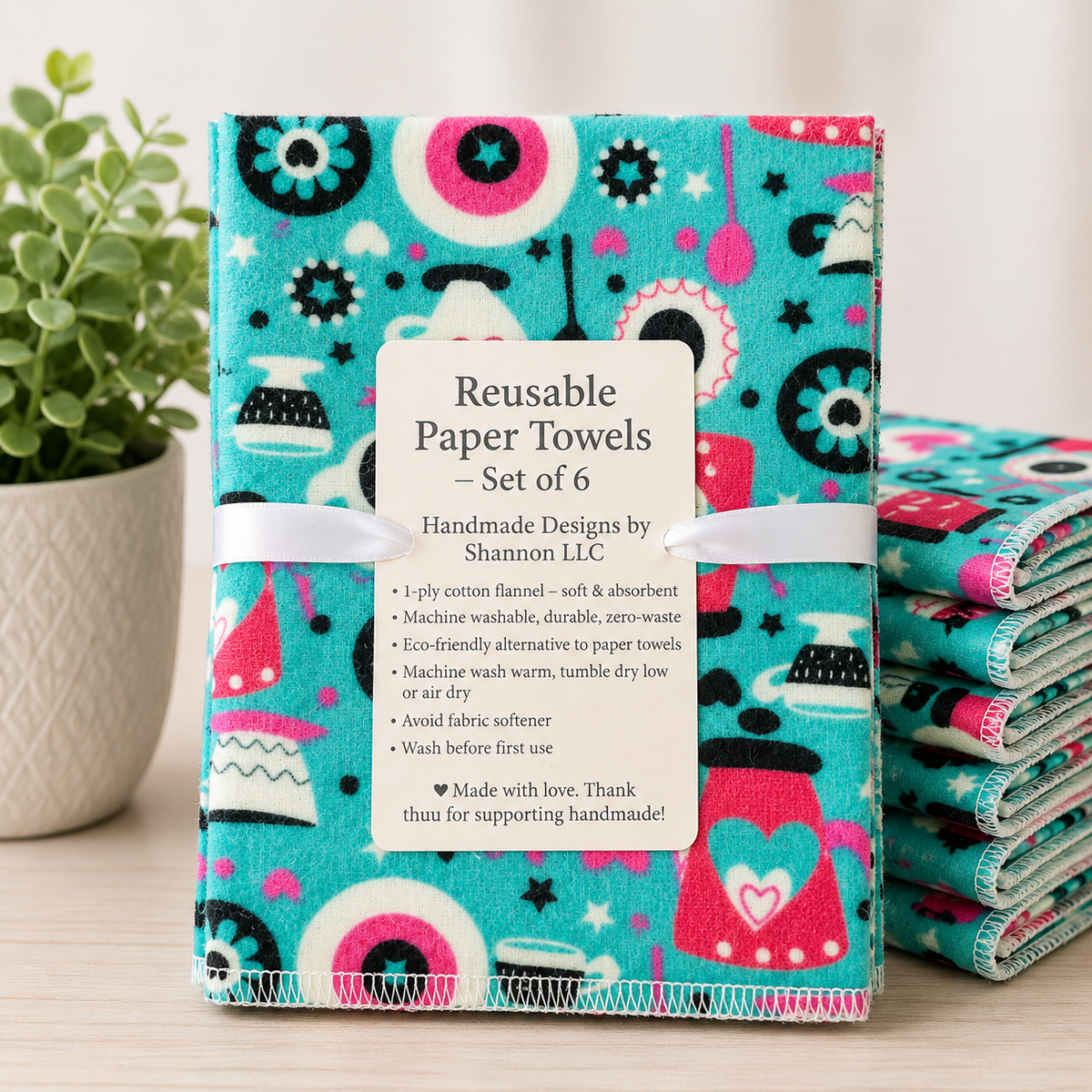 Retro Kitchen Reusable Paper Towels – Set of 6 | Washable Cotton Flannel Kitchen Towels