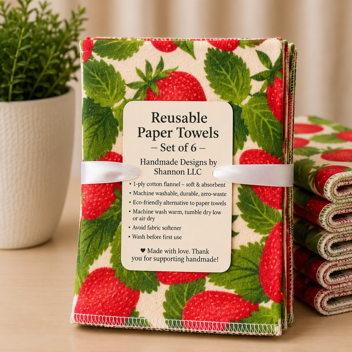 Sweet Strawberry Reusable Paper Towels – Set of 6 🍓