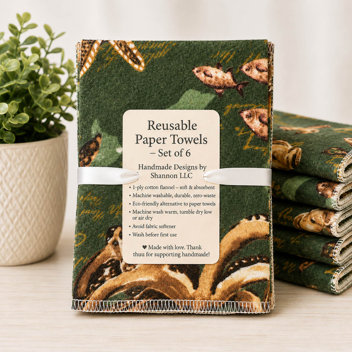 Fishing Reusable Paper Towels – Set of 6 | Washable Cotton Flannel Kitchen Towels
