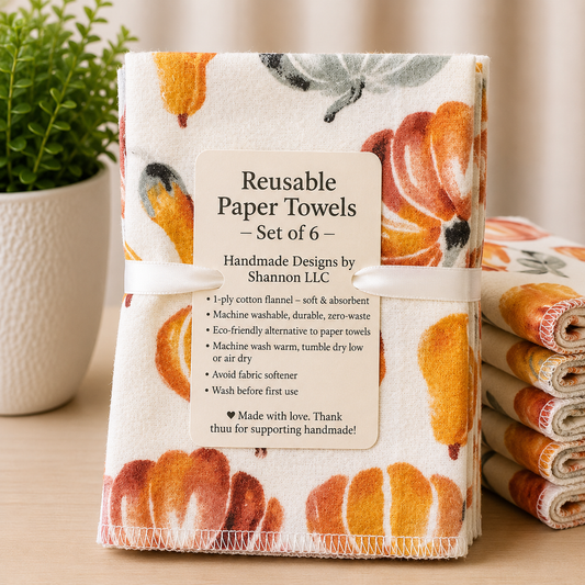 Watercolor Pumpkins & Gourds Reusable Paper Towels – Set of 6 | Handmade Cotton Flannel | Fall Kitchen Towels