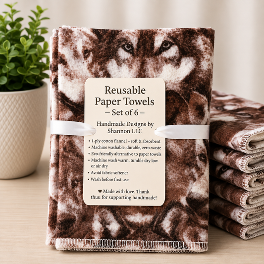 Majestic Wolf Reusable Paper Towels – Set of 6 | Washable Cotton Flannel Kitchen Towels